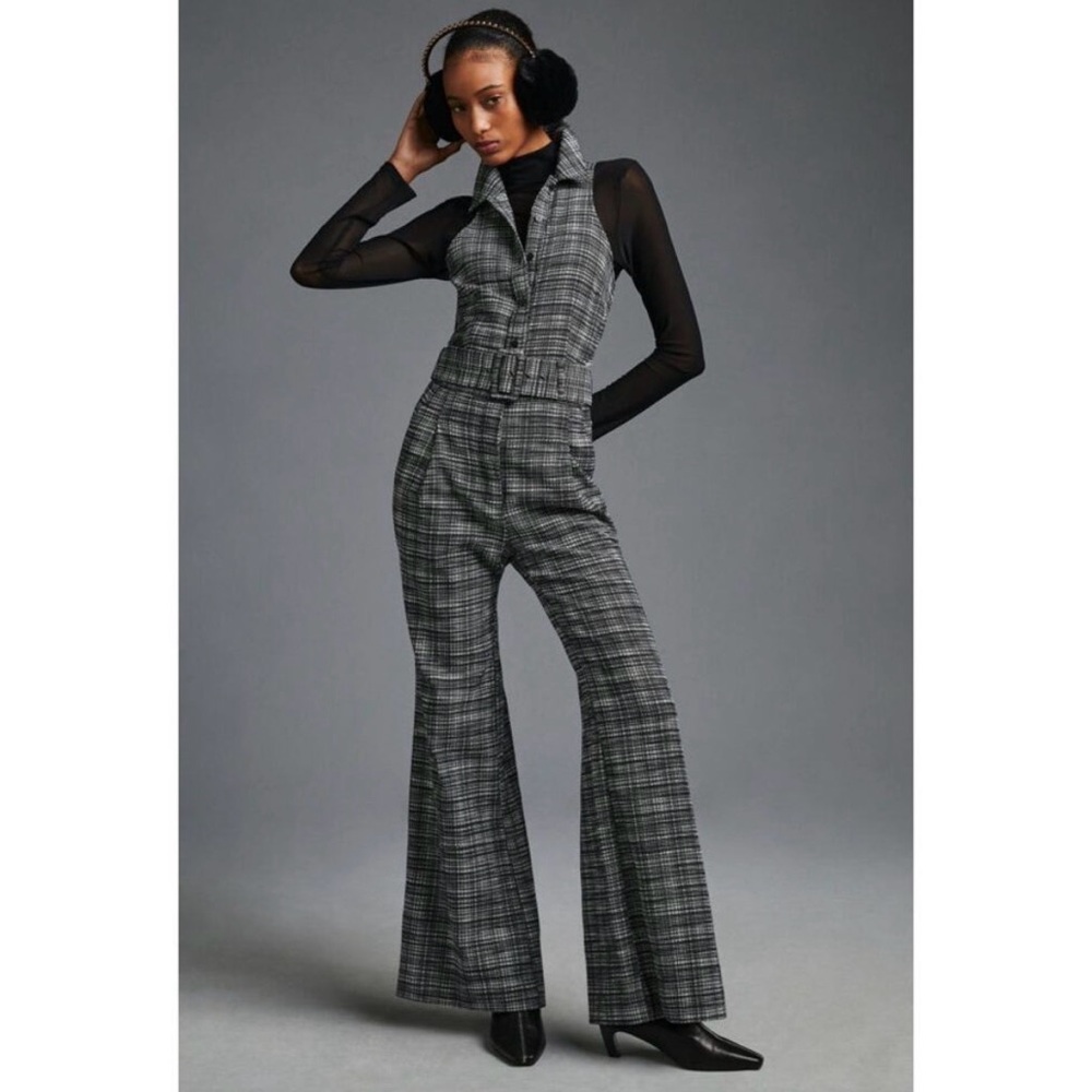 Anthropologie Gray Plaid Sleeveless Belted Jumpsuit